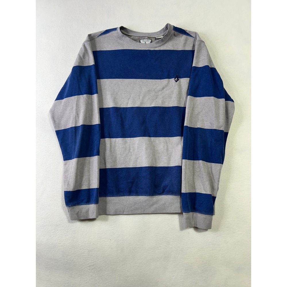 Volcom Stone Mens Blue Gray Striped Crewneck Sweatshirt Fleece Pullover Logo